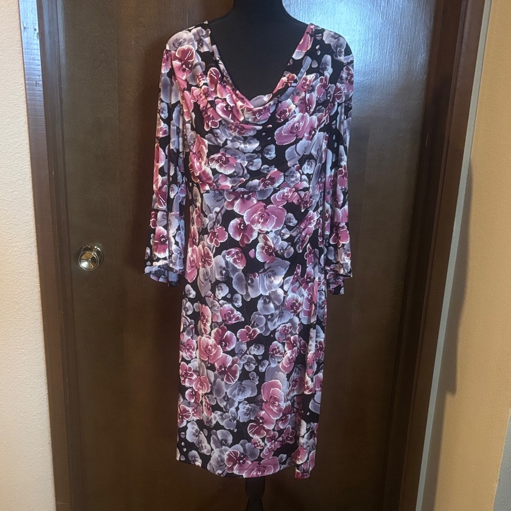 Connected Apparel Pink and Black Floral Long Sleeve Dress